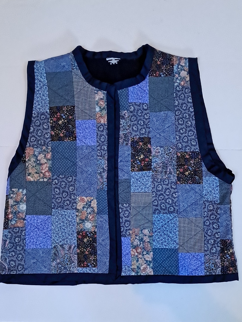 Patchwork Quilted Vest Blue Tones Handmade Open Front Warm Cozy